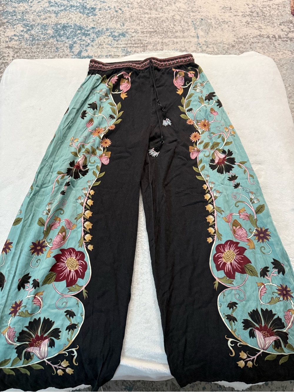 Farm Rio Wide Leg Pants Teal & Floral Side Panels Size Small D73